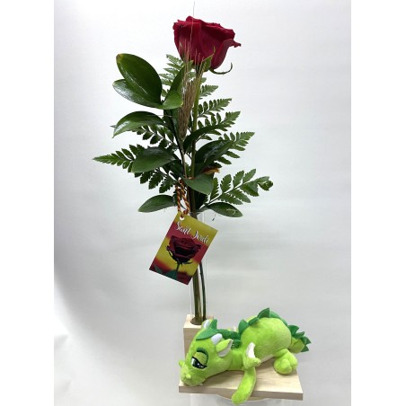 Rosa de Sant Jordi con dragón de peluche verde