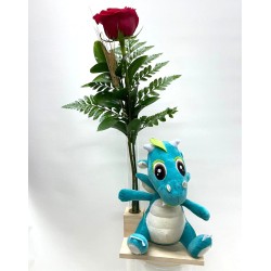 Rosa de Sant Jordi con dragón de peluche azul